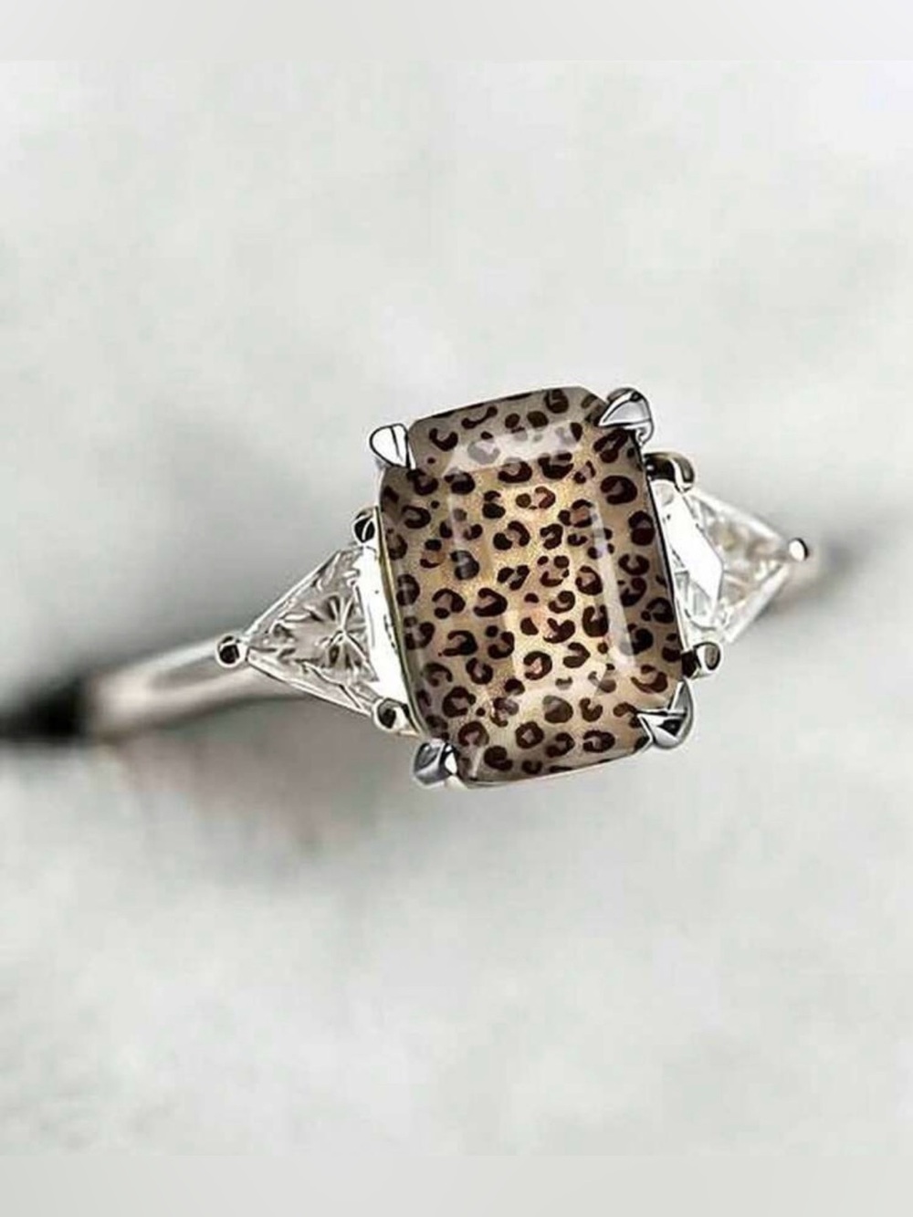 Leopard Print Rectangular Cabochon Statement Ring - Silver Color